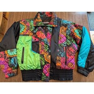 Vtg 80s Snuggler by Kaelin Bright Floral Print Puffer Ski Jacket Sz Ladies 12